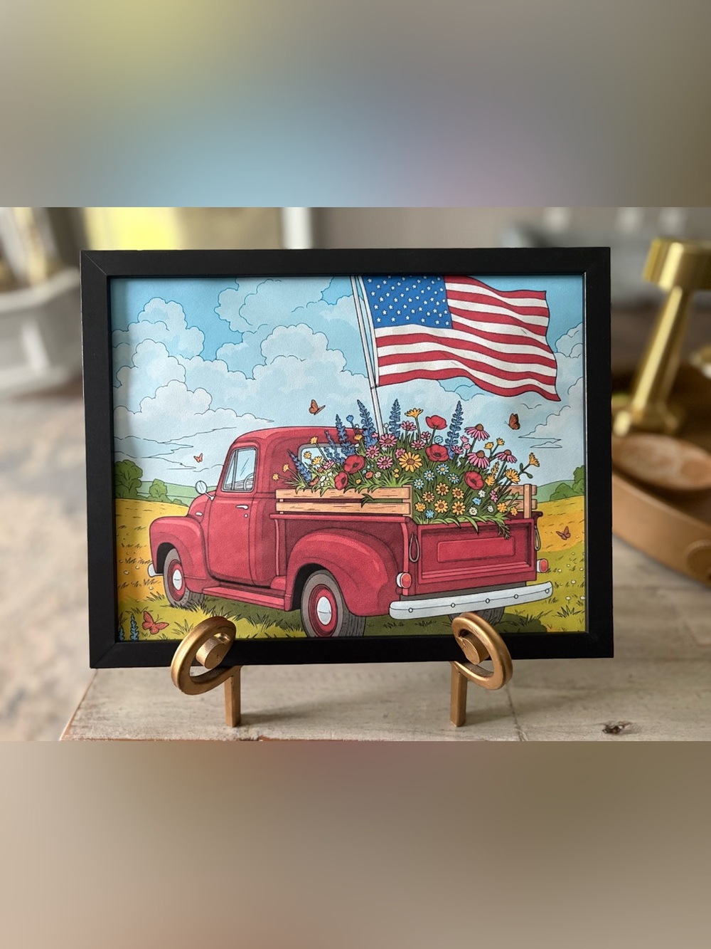 Framed 8x10 Red Vintage Truck with Flag Wall Art